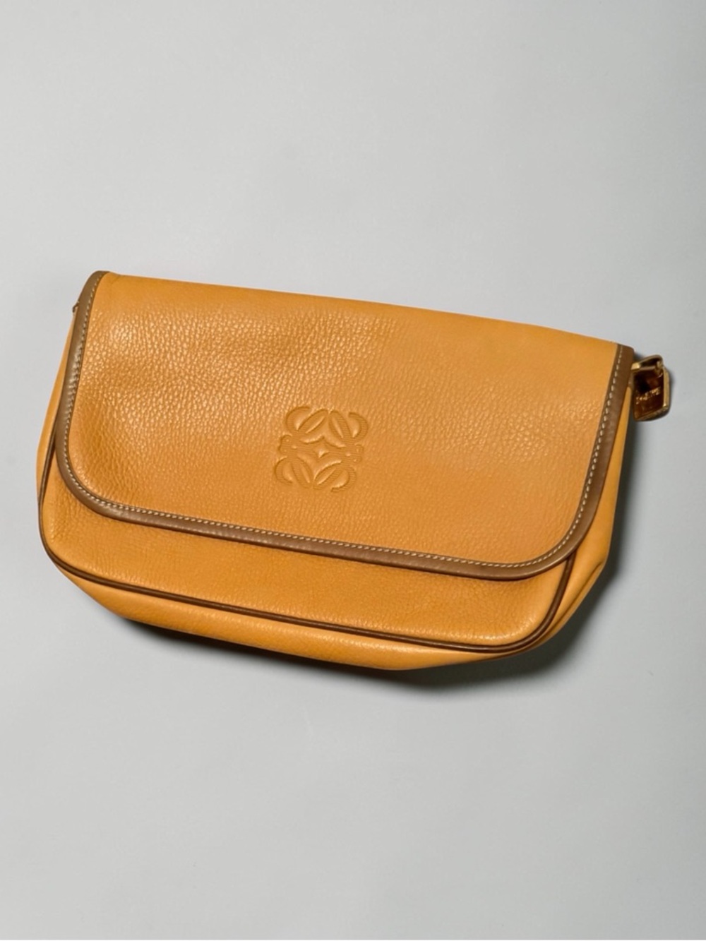 Loewe Ochre Leather Flap Clutch with Brown Trim